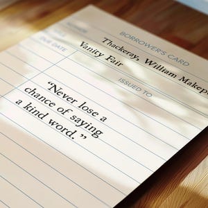 May include: A vintage library card with the title "Vanity Fair" and author Thackeray, William Makepeace. The card features the quote, "Never lose a chance of saying a kind word." The card is on a wooden surface.