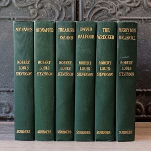Vintage Green Books, Old Green Books, Bookshelf Decor, Set of 6 Decorative Books, Robert Louis Stevenson