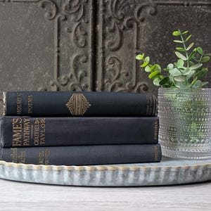 Vintage Blue Books, Set of 3 Old Blue Books, Decorative Books, Bookshelf Decor, Coastal, Nautical, Dark Blue and Gold