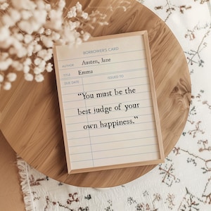 Impresión de tarjeta de biblioteca con cita de Emma, arte de pared imprimible sobre la felicidad, letrero de Jane Austen, regalo para amantes de los libros, rincón de lectura, decoración de estanterías