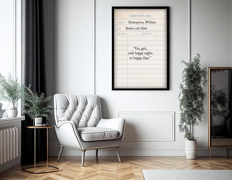Romeo and Juliet Quote Library Card Printable Wall Art, Shakespeare Digital Print, Classic Book Quote, Vintage Book Decor