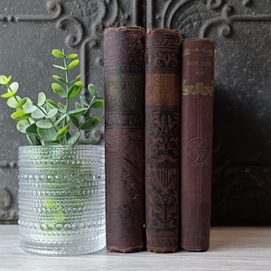 Antique Red Books, Set of 3 Old Books,  Home Staging Books, Vintage Books by Color, 1800&#39;s book stack, Decorative Books, Shelf Decor