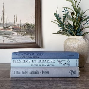 May include: A stack of three hardcover books with blue and gray spines. The top book is titled An Important Family by Dorothy Eden, the middle is Pilgrims in Paradise by Frank G. Slaughter, and the bottom is A Man Under Authority by Belton.