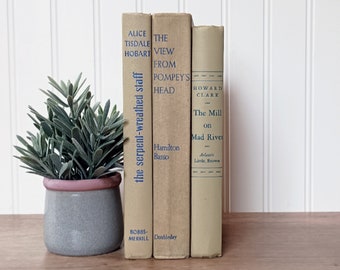 Vintage Tan Books, Set of 3 Old Tan Books, Neutral Bookshelf Decor, Neutral Book Collection, Books for Shelves, Vintage Books by Color