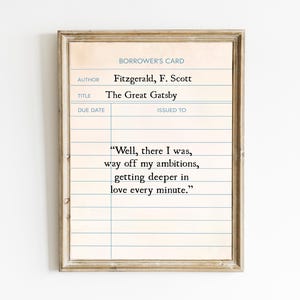 The Great Gatsby Printable Wall Art, Vintage Book Quote Print, Book Lover Gift, Digital Print, Library Card Sign