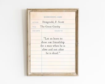 The Great Gatsby Printable Wall Art, Vintage Book Quote Digital Print, Book Lover Gift, Library Card Sign