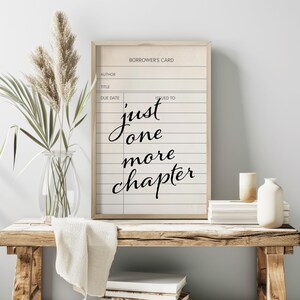 Bibliotheekkaart digitale print, teken nog maar één hoofdstuk, leesgrage cadeau, boekhoekje afdrukbare muurkunst, boekenliefhebber, boekenplankdecor