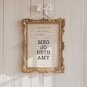 Stampa della tessera della biblioteca "Piccole donne", stampa digitale di Meg Jo Beth Amy, cartello di Louisa May Alcott, regalo per amanti dei libri, stampe libresche, biblioteca
