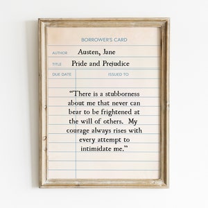 Pride and Prejudice-citaat bibliotheekkaart afdrukbare muurkunst, Pride and Prejudice digitale prints, bibliotheekretourkaart, Jane Austen-bord