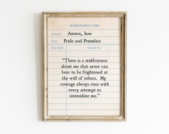 Pride and Prejudice Quote Library Card Printable Wall Art, Pride and Prejudice Digital Prints, Library Return Card, Jane Austen Sign