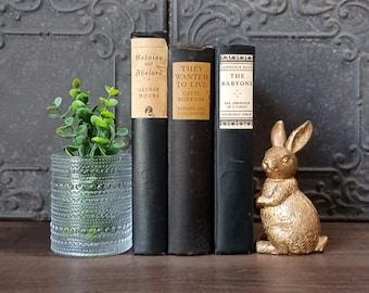 Vintage Black Books, Old Bookshelf Decor, Antique Decorative Book Stack