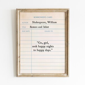 Romeo and Juliet Quote Library Card Printable Wall Art, Shakespeare Digital Print, Classic Book Quote, Vintage Book Decor