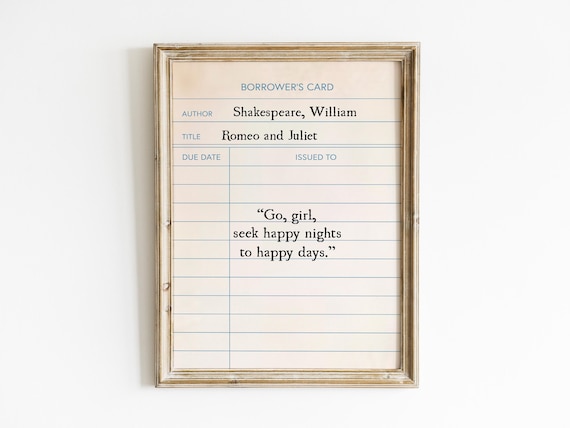 Romeo and Juliet Quote Library Card Printable Wall Art, Shakespeare Digital Print, Classic Book Quote, Vintage Book Decor