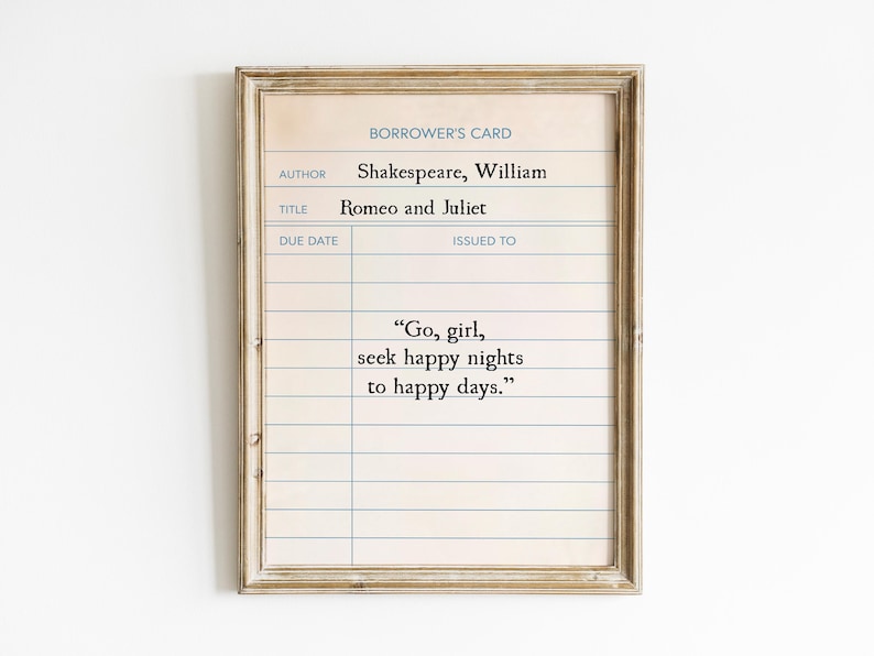Romeo and Juliet Quote Library Card Printable Wall Art, Shakespeare Digital Print, Classic Book Quote, Vintage Book Decor