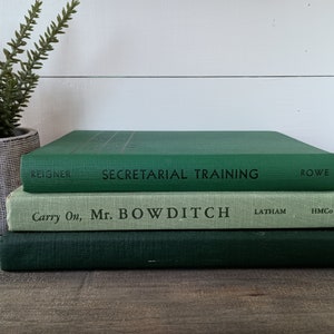 Vintage  Green Books | Set of 3 Old Books | Green Bookshelf | Secretarial Training | Carry On, Mr. Bowditch | National Poetry Anthology