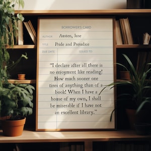 Pride and Prejudice-citaat bibliotheekkaart afdrukbare muurkunst, digitale prints, bibliotheek, leesgrage cadeau, Jane Austen-bord