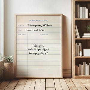 Romeo and Juliet Quote Library Card Printable Wall Art, Shakespeare Digital Print, Classic Book Quote, Vintage Book Decor