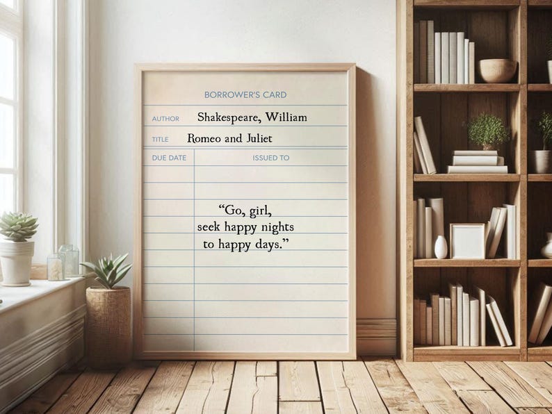 Romeo and Juliet Quote Library Card Printable Wall Art, Shakespeare Digital Print, Classic Book Quote, Vintage Book Decor