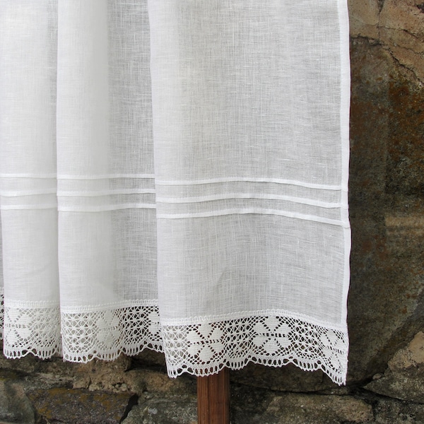 White Linen Curtain Romantic Cafe Curtains with Lace Edge Trim Window Panel French Country kitchen Curtain.Custom Curtain