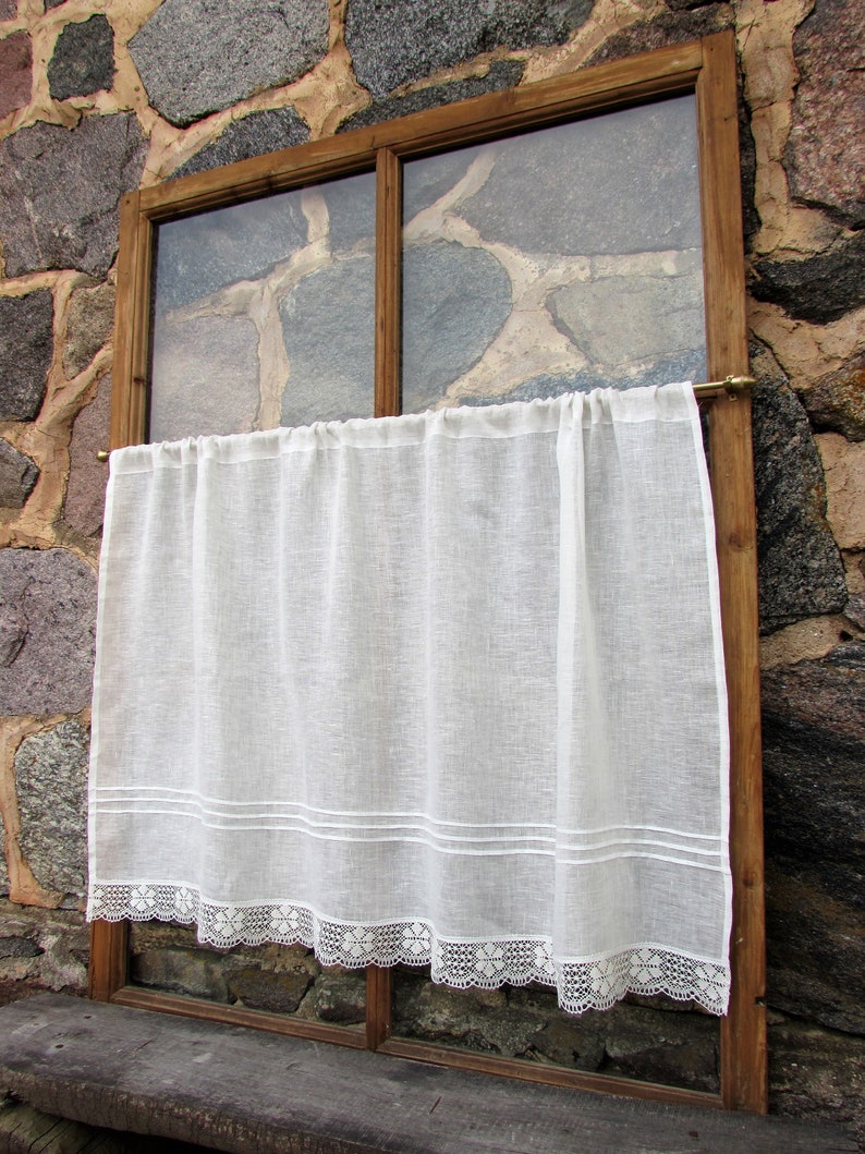 Weißer Leinenvorhang, romantische Café-Vorhänge mit Spitzenrandbesatz, Fensterpaneel, französischer Landhausküchen-Vorhang. Individueller Vorhang Bild 5