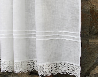 White Linen Curtain Romantic Cafe Curtains with Lace Edge Trim Window Panel French Country kitchen Curtain.Custom Curtain