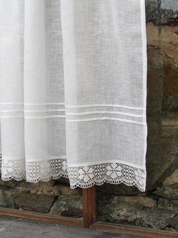 White Linen Curtain Romantic Cafe Curtains With Lace Edge Trim Etsy