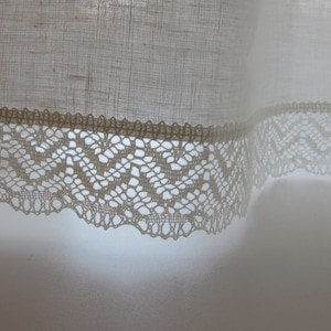 May include: White linen curtain with a delicate white lace trim.