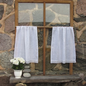 White Linen Curtain Cafe Curtains with Lace Edge Trim Window Panel French Country kitchen Curtain.Custom Curtain