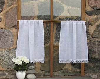 Rideaux de café en lin blanc avec bord en dentelle, panneau de fenêtre, rideau de cuisine de campagne française, rideau personnalisé