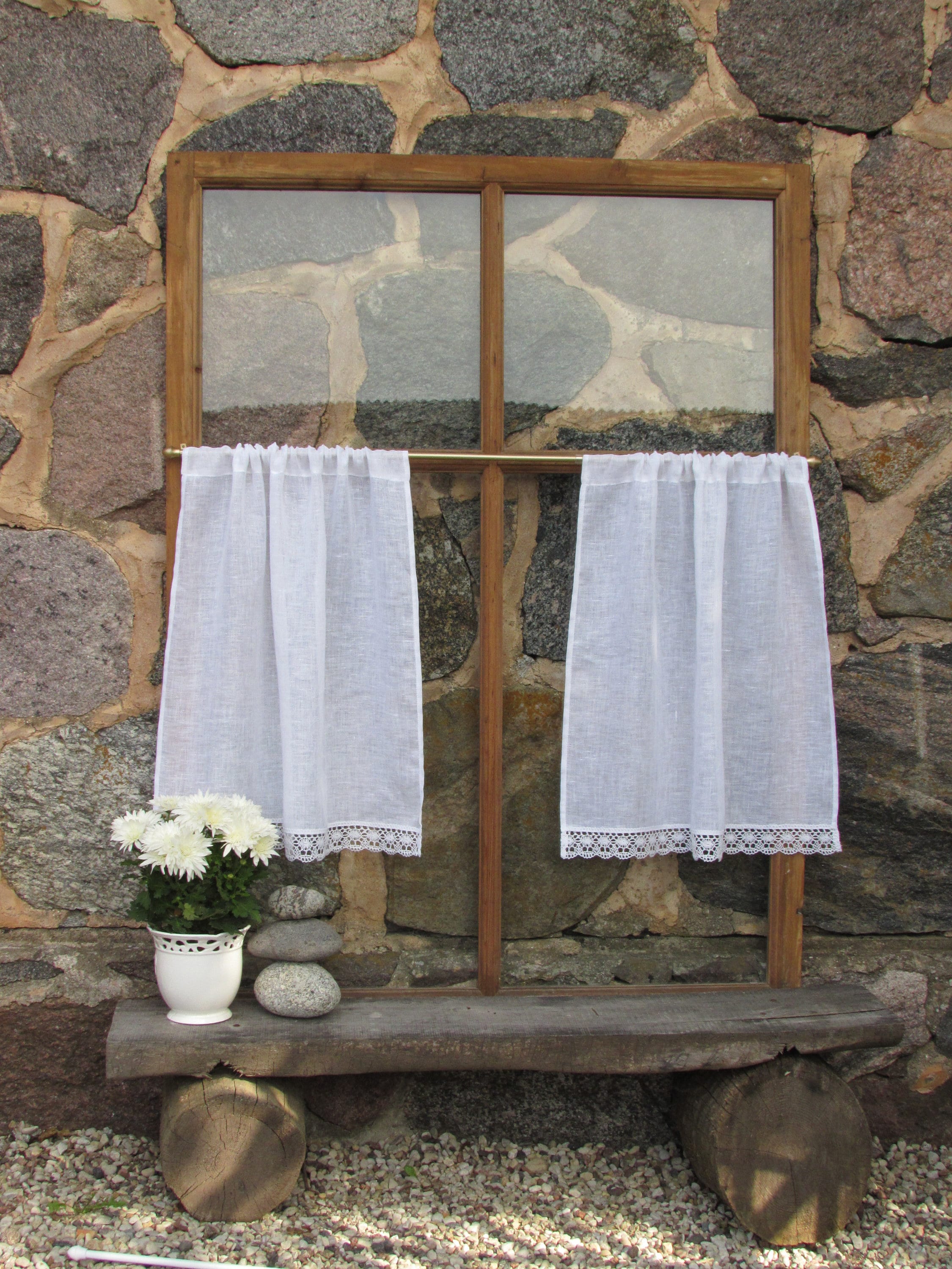 White Linen Curtain Cafe Curtains with Lace Edge Trim Window Panel French Country kitchen Curtain. Custom Curtain