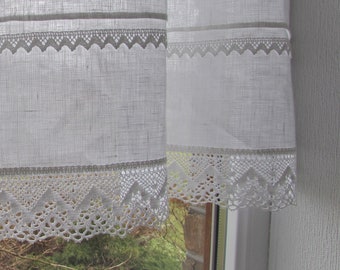 White Linen Curtain Romantic Cafe Curtains with Lace Edge Trim Window Panel French Country kitchen Curtain.Custom Curtain