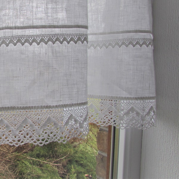 White Linen Curtain Romantic Cafe Curtains with Lace Edge Trim Window Panel French Country kitchen Curtain.Custom Curtain