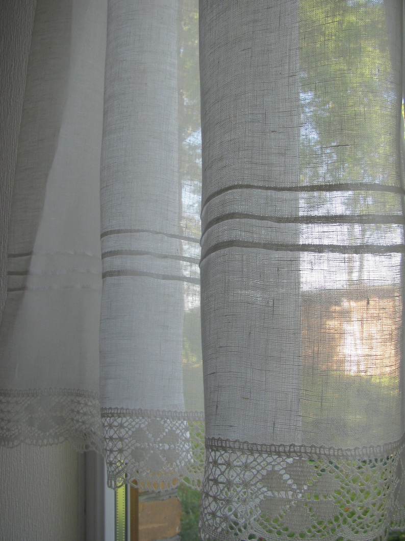 Rideau en lin blanc, rideaux de café romantiques avec bordure en dentelle, panneau de fenêtre, rideau de cuisine campagnarde française. rideau personnalisé image 7