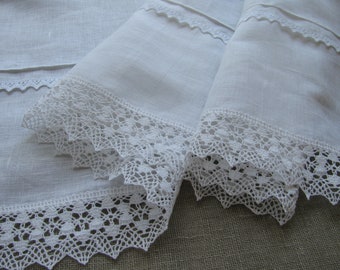 White Linen Curtain Romantic Cafe Curtains with Lace Edge Trim Window Panel French Country