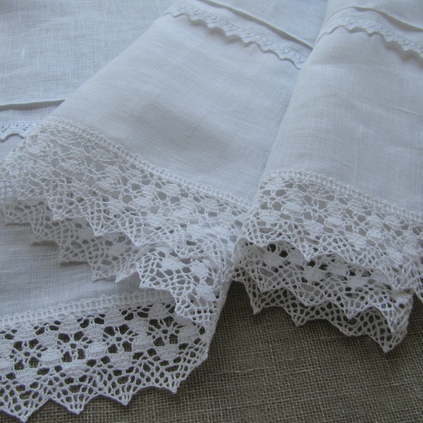 White Linen Curtain Romantic Cafe Curtains with Lace Edge Trim Window Panel French Country