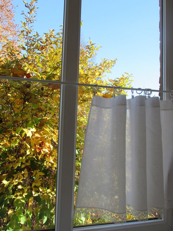 White Linen Curtain Cafe Curtains With Lace Edge Trim Window Etsy