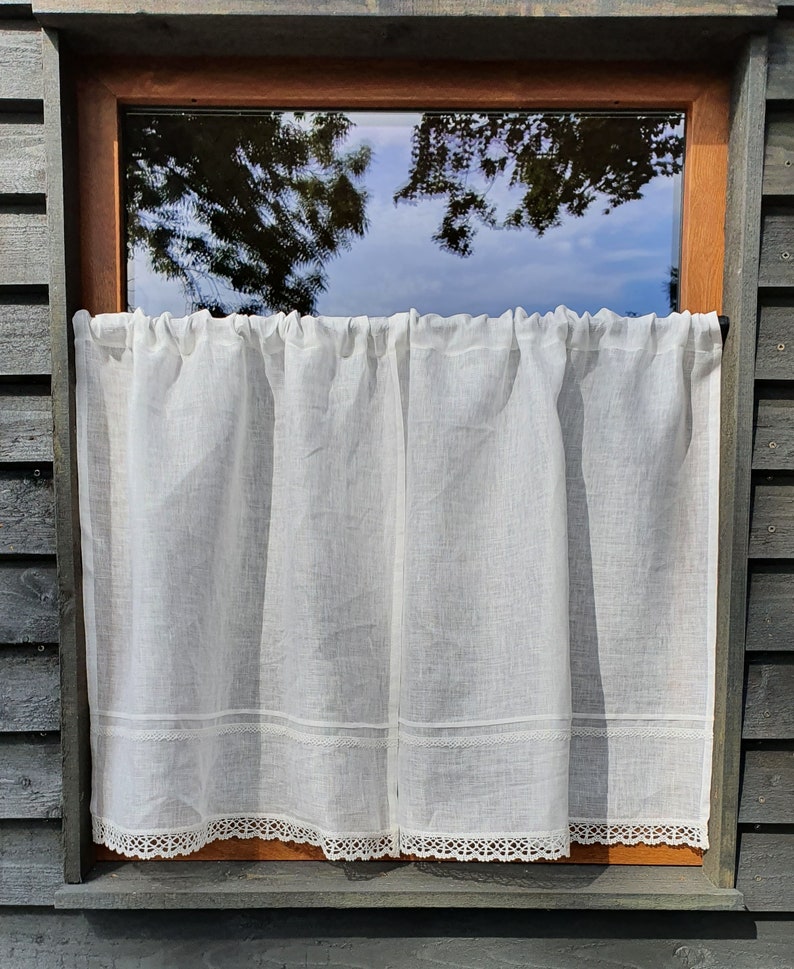 Cortina de lino blanco, cortinas románticas para café, Panel de ventana, cortina de cocina de campo francés, cortina personalizada imagen 2