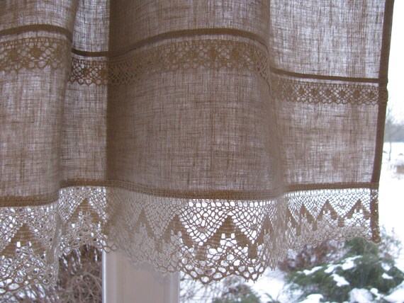 Grey Linen Curtain Cafe Curtains With Lace Edge Trim Window Etsy