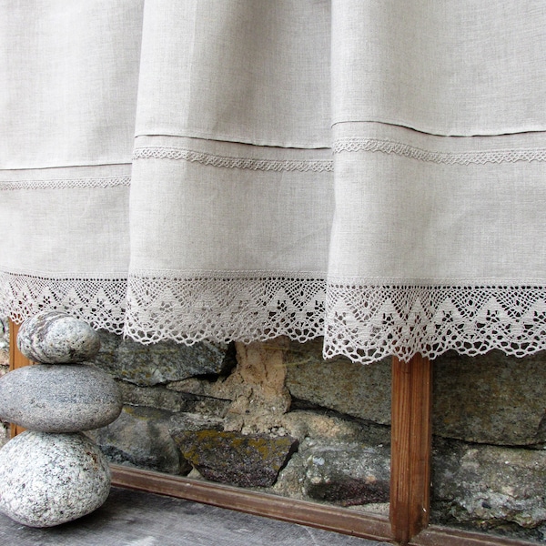 Linen Curtain Cafe Curtains with Lace Edge Trim Window Panel French Country kitchen Curtain.Custom Curtain