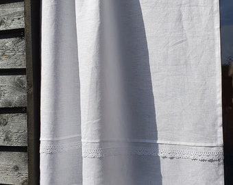 White Linen Curtain Romantic Cafe Curtains with Lace Edge Trim Window Panel French Country kitchen Curtain.Custom Curtain