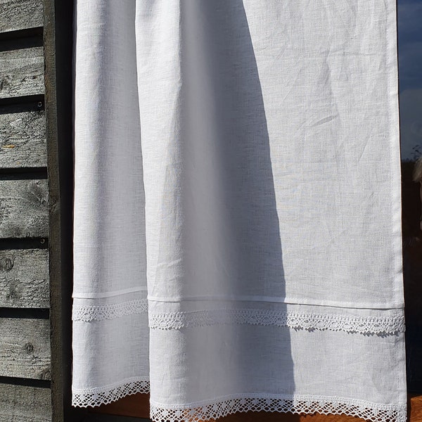 White Linen Curtain Romantic Cafe Curtains with Lace Edge Trim Window Panel French Country kitchen Curtain.Custom Curtain