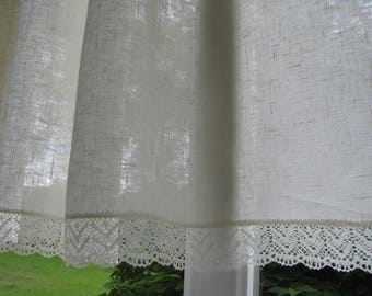 Privacy Linen Cafe Curtain Romantic Cafe Curtain with Lace Edge Trim Window Panel French Country kitchen Curtain.Custom Curtain