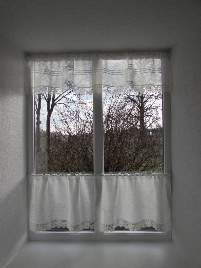 Rideau en lin blanc, rideaux de café romantiques avec bordure en dentelle, panneau de fenêtre, rideau de cuisine campagnarde française. rideau personnalisé image 3