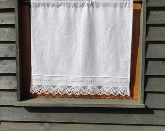 White Linen Curtain Romantic Cafe Curtains with Lace Edge Trim Window Panel French Country kitchen Curtain.Custom Curtain