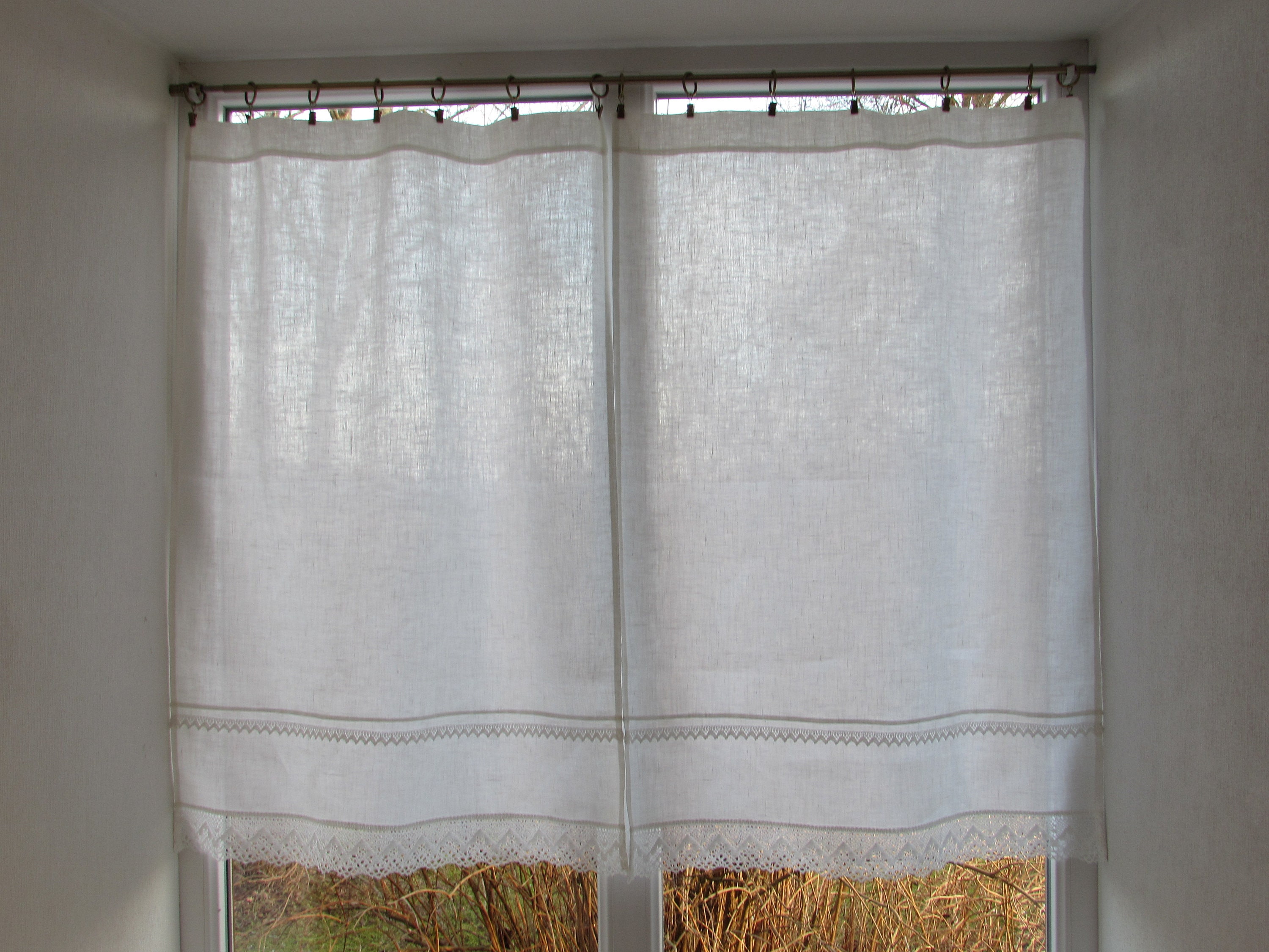 White Linen Curtain Romantic Cafe Curtains With Lace Edge Trim - Etsy