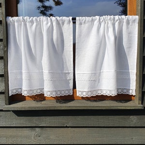 White Linen Curtain Romantic Cafe Curtains with Lace Edge Trim Window Panel French Country kitchen Curtain.Custom Curtain
