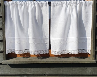 White Linen Curtain Romantic Cafe Curtains with Lace Edge Trim Window Panel French Country kitchen Curtain.Custom Curtain