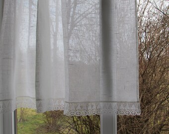 READY TO SHIP Cafe Curtains with Lace Edge Trim Window Panel French Country kitchen Curtain H 42 x W 57 inches