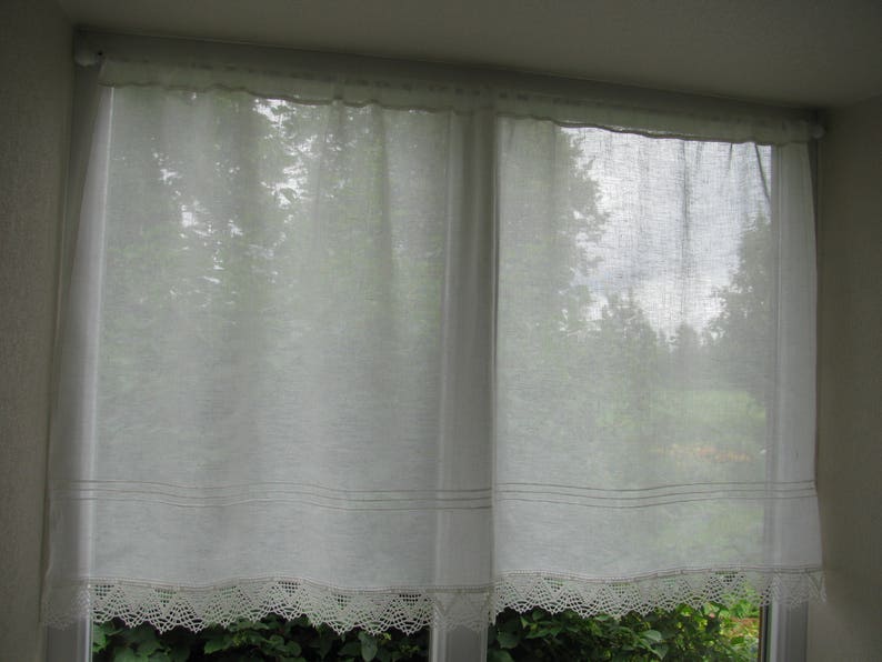 Grey Linen Curtain Romantic Cafe Curtains with Lace Edge Trim Window Panel French Country kitchen Curtain.Custom Curtain