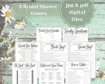May include: Eight printable bridal shower games in black and white with a green and white floral background. The games include: Bridal Word Scramble, Twenty Questions, Would She Rather, What Did the Bride Say?, What Did the Groom Say?, He Said She Said, What's in Your Purse, and Over or Under.
